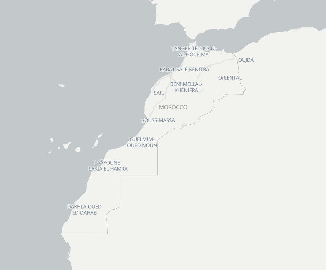 Map of the Kingdom of Morocco showing its twelve administrative regions, from Tanger-Tétouan-Al Hoceïma to Dakhla-Oued Ed-Dahab.