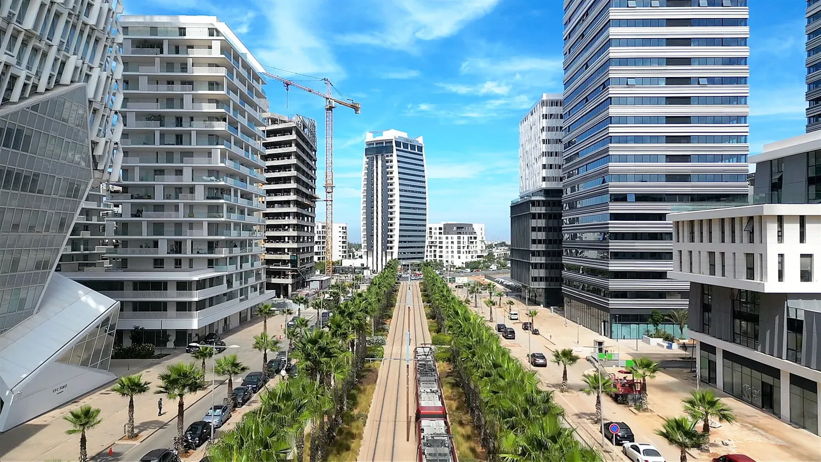 Modern towers and a tram line in the Casa-Anfa district of Casablanca.